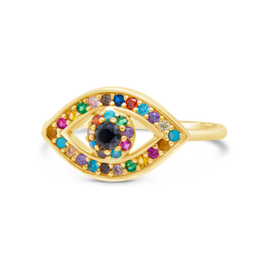 14K Yellow Gold Multi-Color Evil Eye CZ Ring
