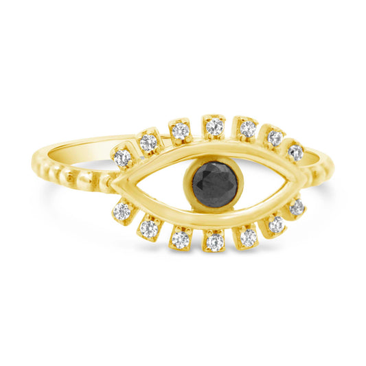 14K Yellow Gold Black Evil Eye Lash CZ Ring