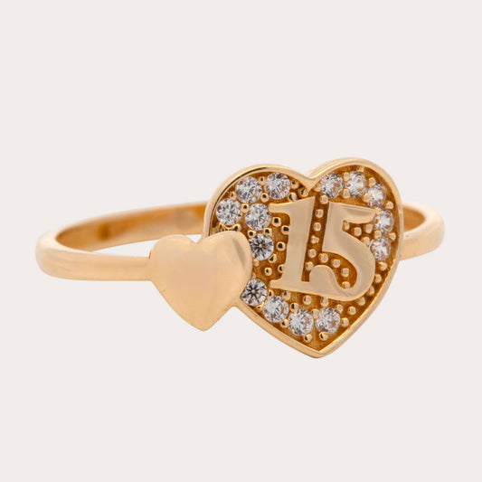 14K Yellow Gold Double Heart Quinceañera CZ Ring