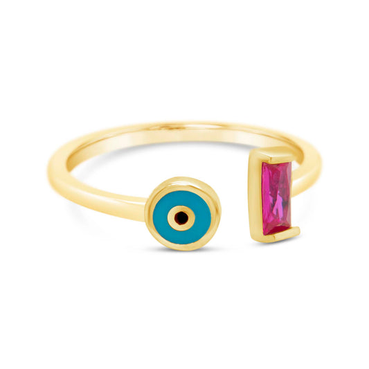14K Yellow Gold Evil Eye Pink Baguette Open CZ Ring