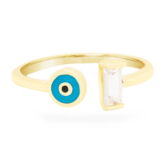 14K Yellow Gold Evil Eye Baguette Open CZ Ring