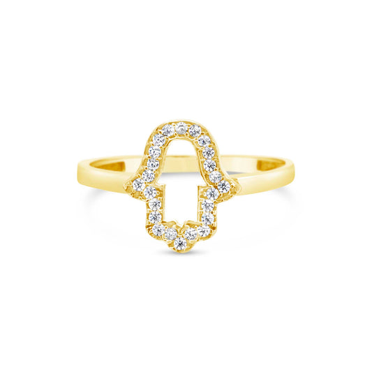 14k Yellow Gold Open Hamsa Pave CZ Ring