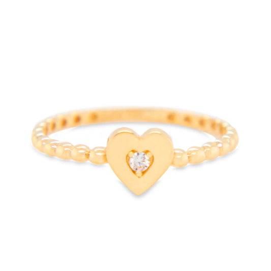 14K Yellow Gold Beaded Band Solitaire CZ Heart Ring