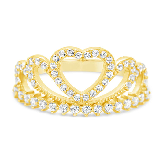 14K Yellow Gold Heart Crown CZ Ring