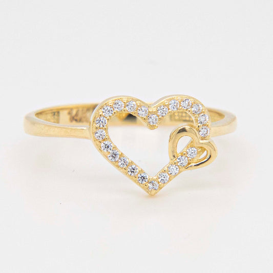 14K Yellow Gold Open Heart and Small Heart CZ Ring