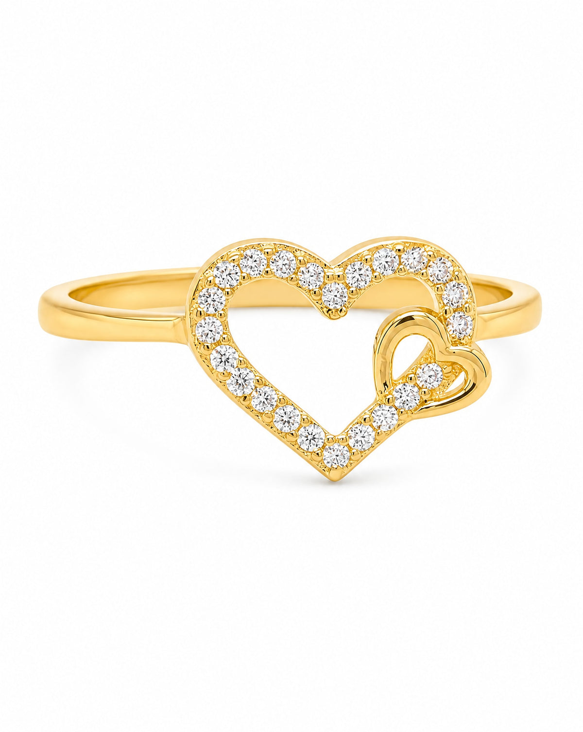 14K Yellow Gold Open Heart and Small Heart CZ Ring