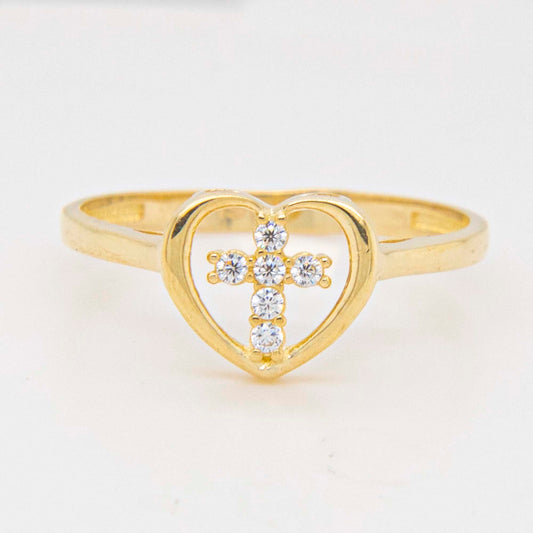 14K Yellow Gold Open Heart Cross CZ Ring