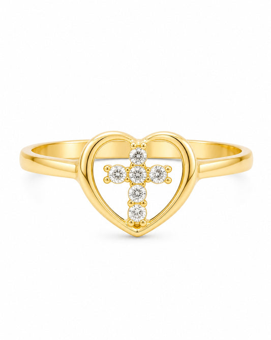 14K Yellow Gold Open Heart Cross CZ Ring