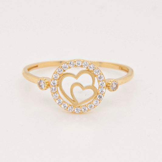 14K Yellow Gold Double Heart Circle CZ Ring