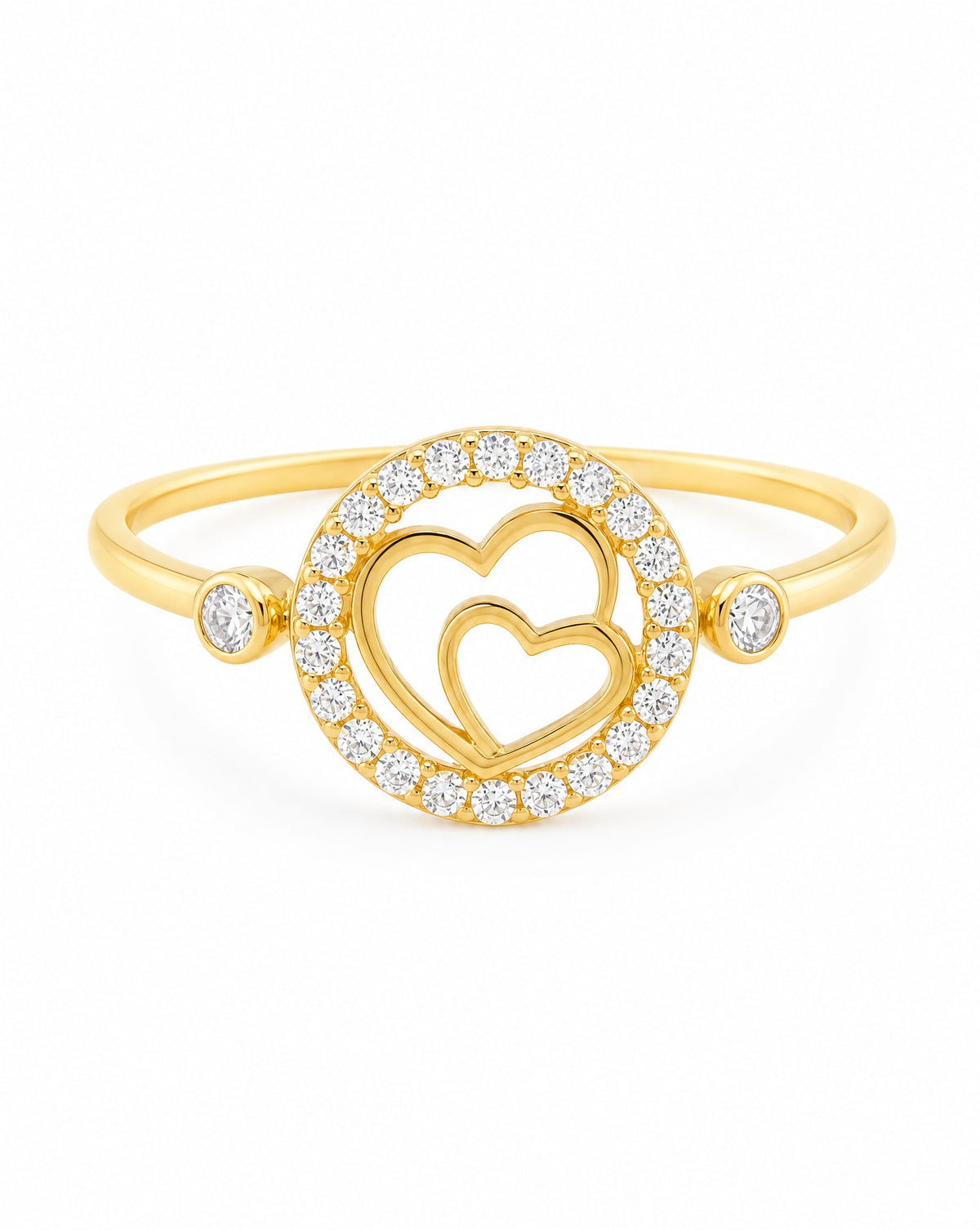 14K Yellow Gold Double Heart Circle CZ Ring