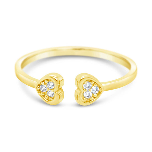 14K Yellow Gold Two CZ Hearts Open Ring
