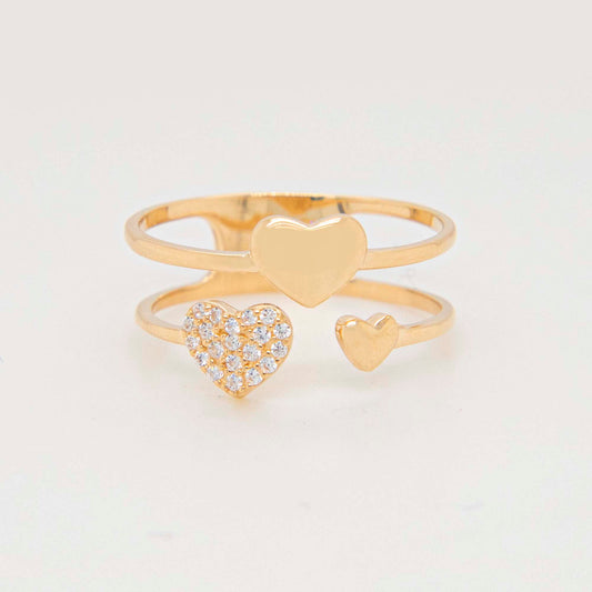 14K Yellow Gold Multi-Heart Layered CZ Ring
