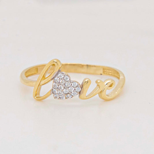 14K Two-Tones Gold "Love" with CZ Heart Ring
