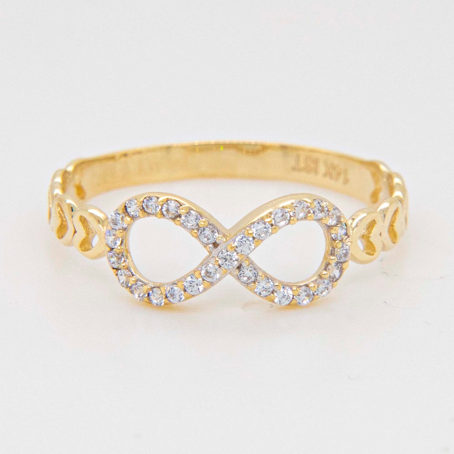 14K Yellow Gold Infinity CZ with Heart Patterned Band Ring