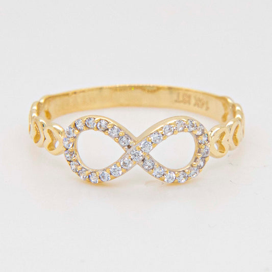 14K Yellow Gold Infinity CZ with Heart Patterned Band Ring