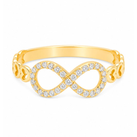 14K Yellow Gold Infinity CZ with Heart Patterned Band Ring