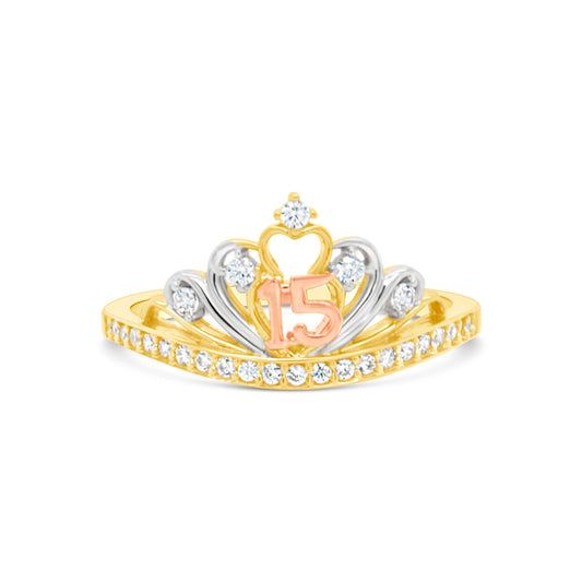 14K Tri-Color Crown Quinceañera CZ Ring