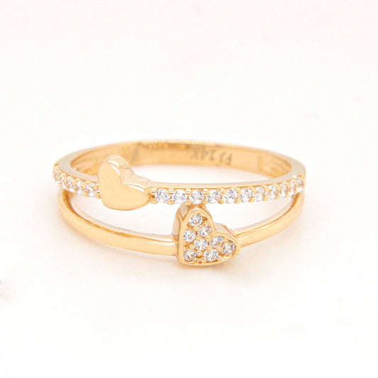14K Yellow Gold Double Heart and Double Band CZ Ring