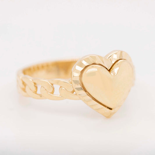 14k Yellow Gold Diamond Cut Heart Chain Link Ring