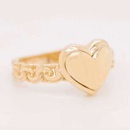 14K Yellow Gold Polished Detailed Heart Chain Link Ring