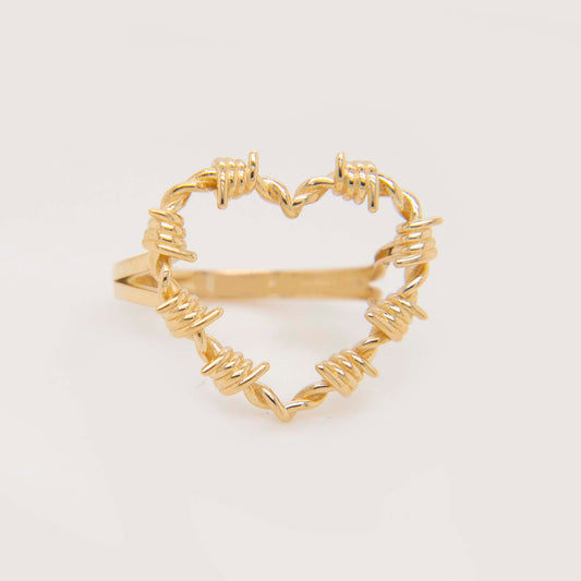 14K Yellow Gold Large Barbed Wire Heart Ring