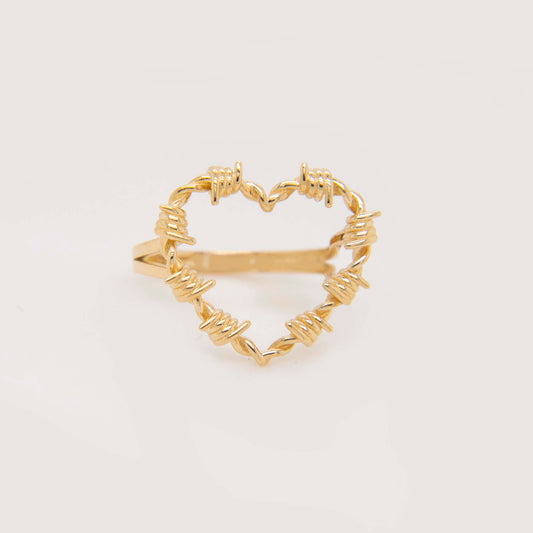 14K Yellow Gold Medium Barbed Wire Heart Ring