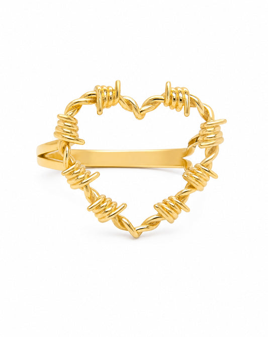 14K Yellow Gold Medium Barbed Wire Heart Ring