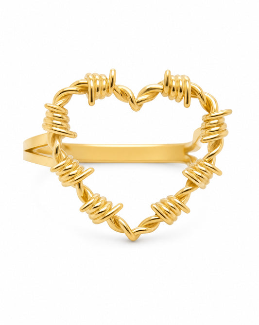 14K Yellow Gold Small Barbed Wire Heart Ring
