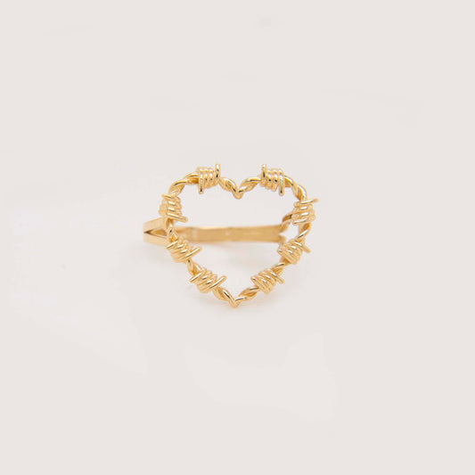 14K Yellow Gold Small Barbed Wire Heart Ring