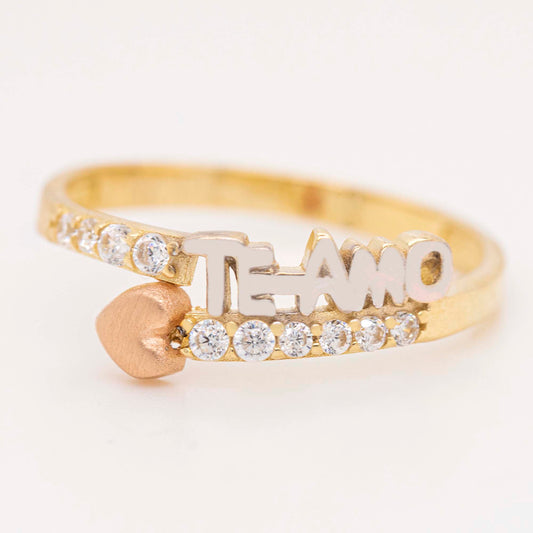 14K Tri-Color Gold "Te Amo" Bypass Heart with CZ Accents Ring
