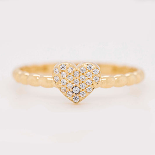 14K Yellow Gold Pave CZ Heart Beaded Band Ring