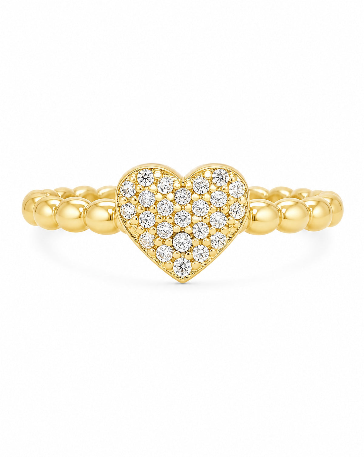 14k Yellow Gold Pave CZ Heart Beaded Band Ring