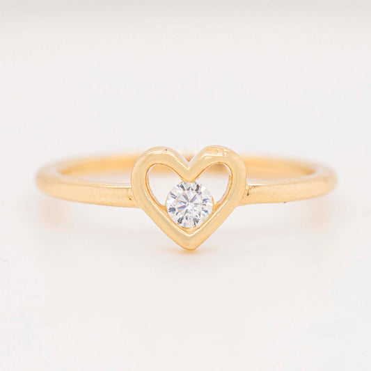 14K Yellow Gold Open Heart Solitaire CZ Ring