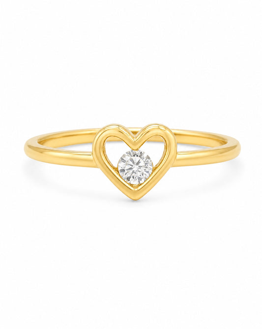 14K Yellow Gold Open Heart Solitaire CZ Ring