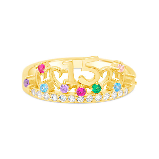 14K Yellow Gold Multi-Color Crown Quinceañera CZ Ring