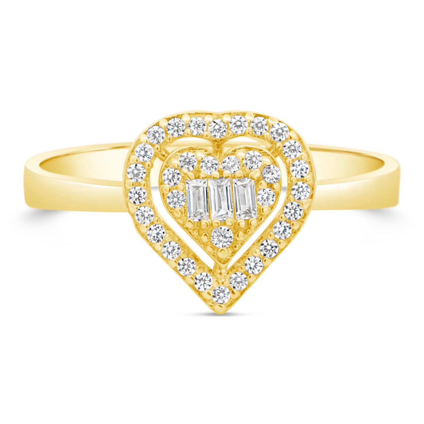 14K Yellow Gold Baguette Heart Halo Pave CZ Ring
