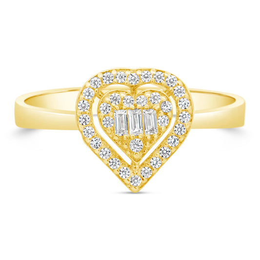 14K Yellow Gold Baguette Heart Halo Pave CZ Ring