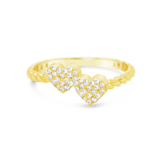 14K Yellow Gold Two Hearts CZ Twisted Band Ring
