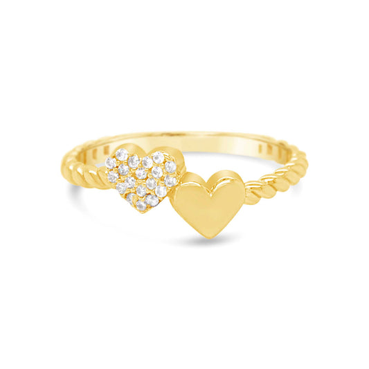 14K Yellow Gold CZ & Polished Heart Twist Band CZ Ring