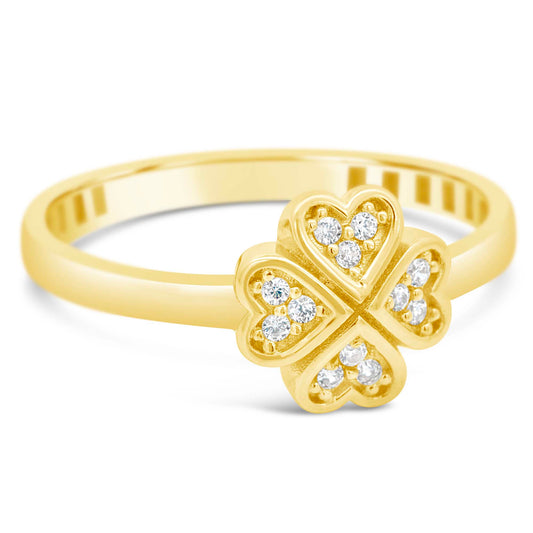 14K Yellow Gold Clover Hearts Cluster CZ Ring