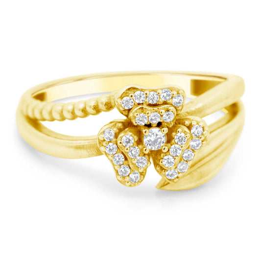 14K Yellow Gold CZ Clover Split Band Ring