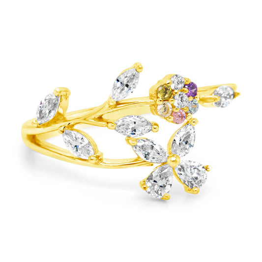 14K Yellow Gold Multi-Color Flower Leaf Bypass CZ Ring