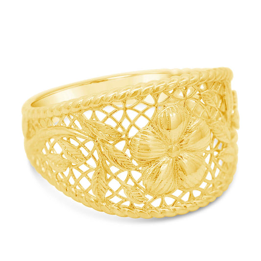 14K Yellow Gold Wide Tectured Floral Ring
