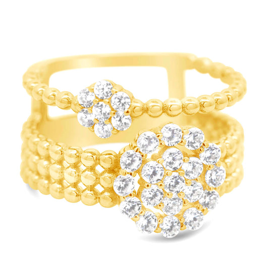 14K Yellow Gold Layered Beaded Cluster CZ Ring