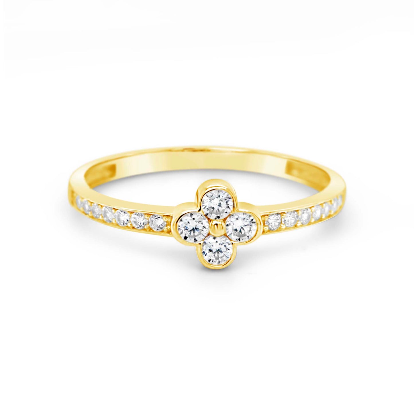 14K Yellow Gold Clover Cluster CZ Ring