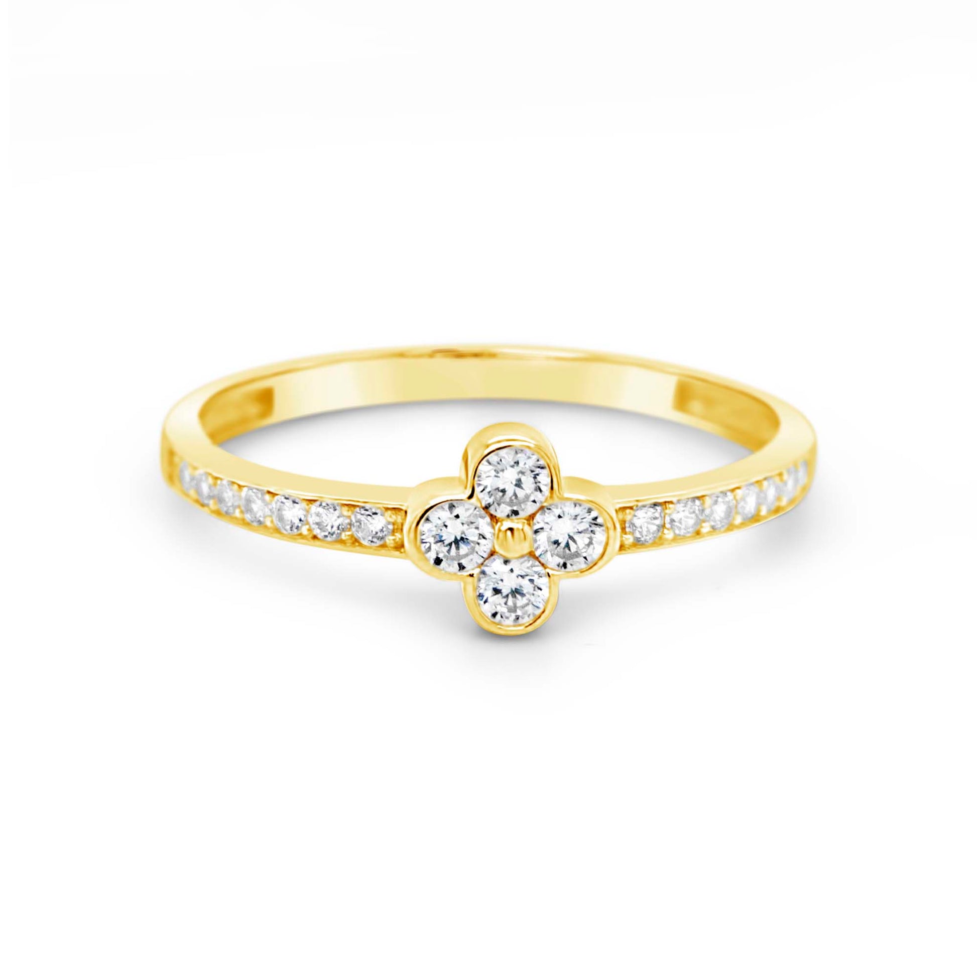 14K Yellow Gold Clover Cluster CZ Ring