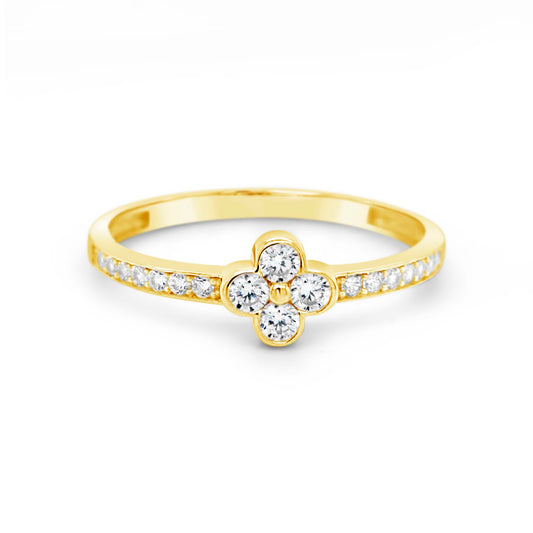 14K Yellow Gold Clover Cluster CZ Ring