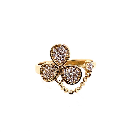 14K Yellow Gold CZ Clover Dangling Chain Ring