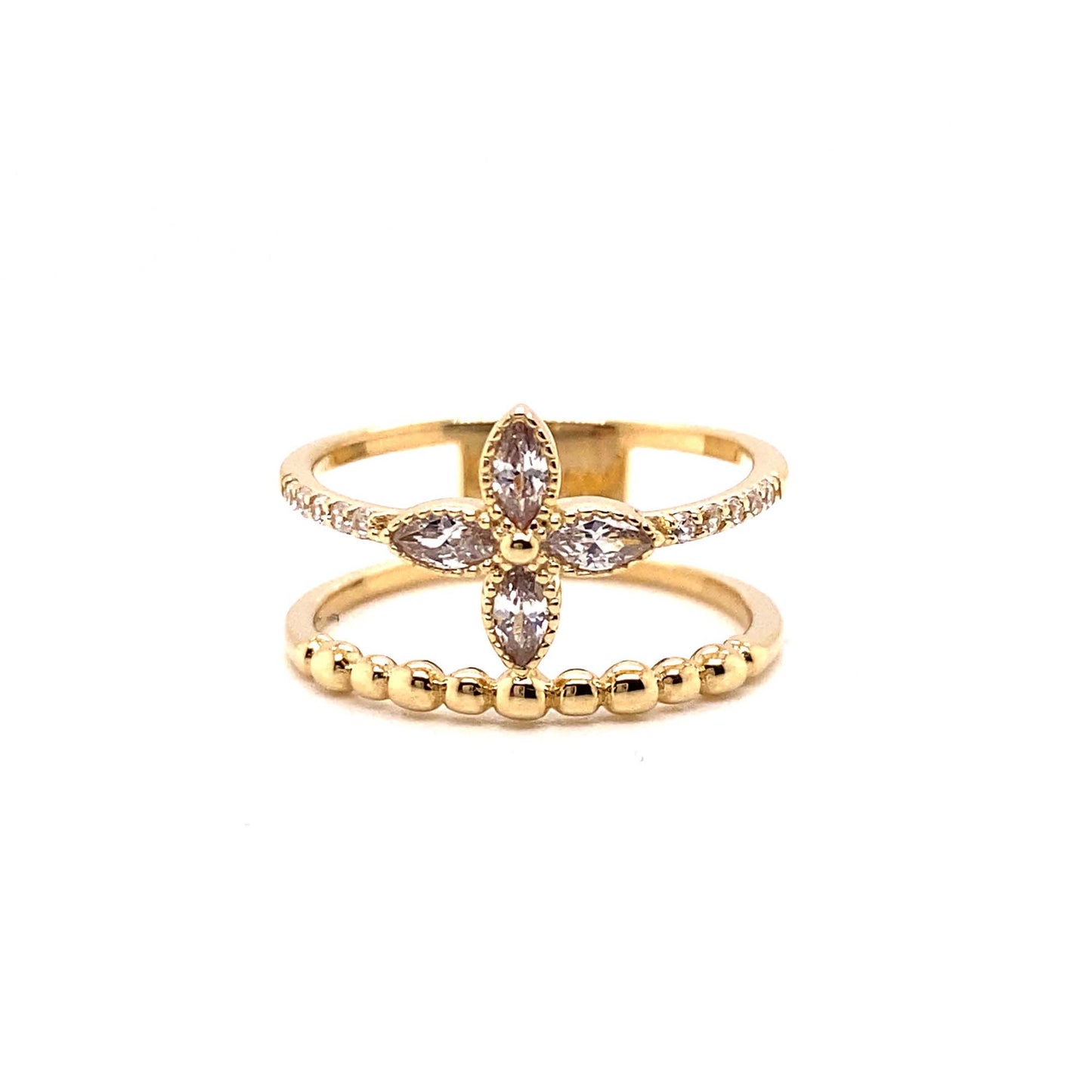 14K Yellow Gold Clover Beaded Layered CZ Ring