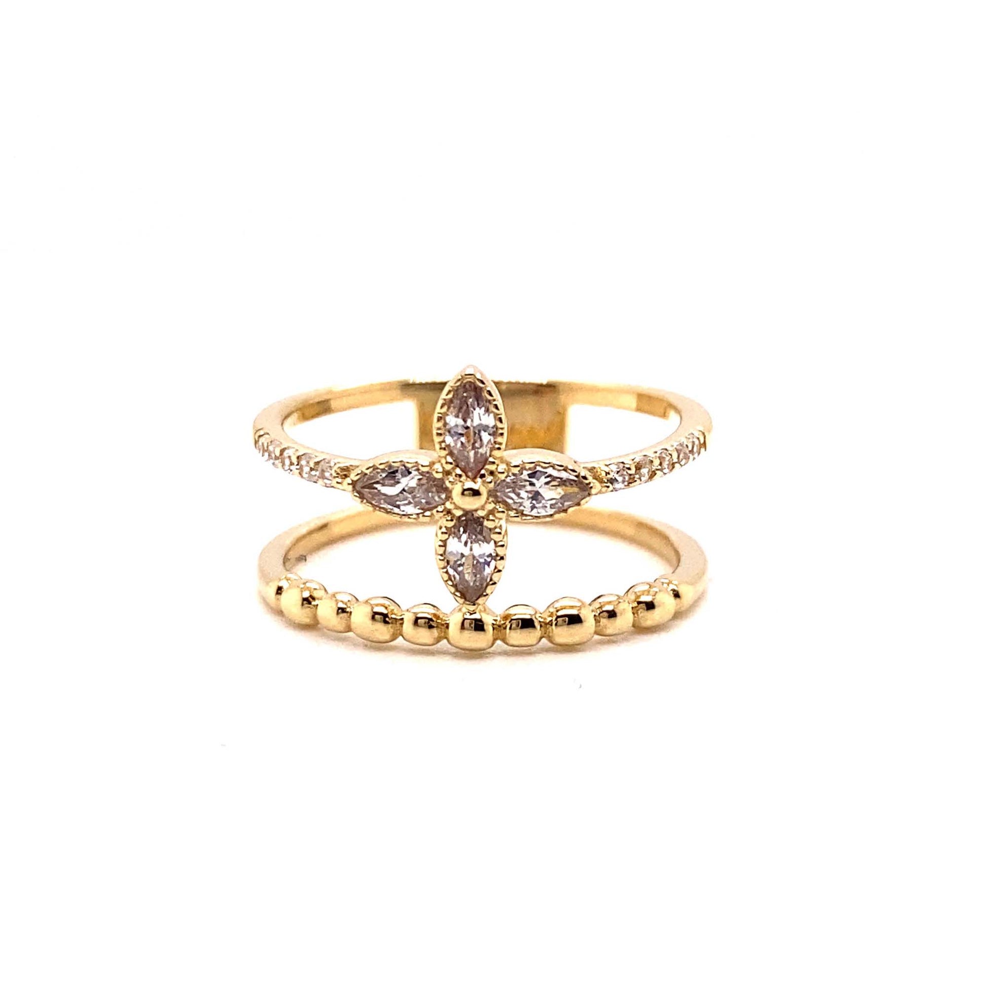 14K Yellow Gold Clover Beaded Layered CZ Ring